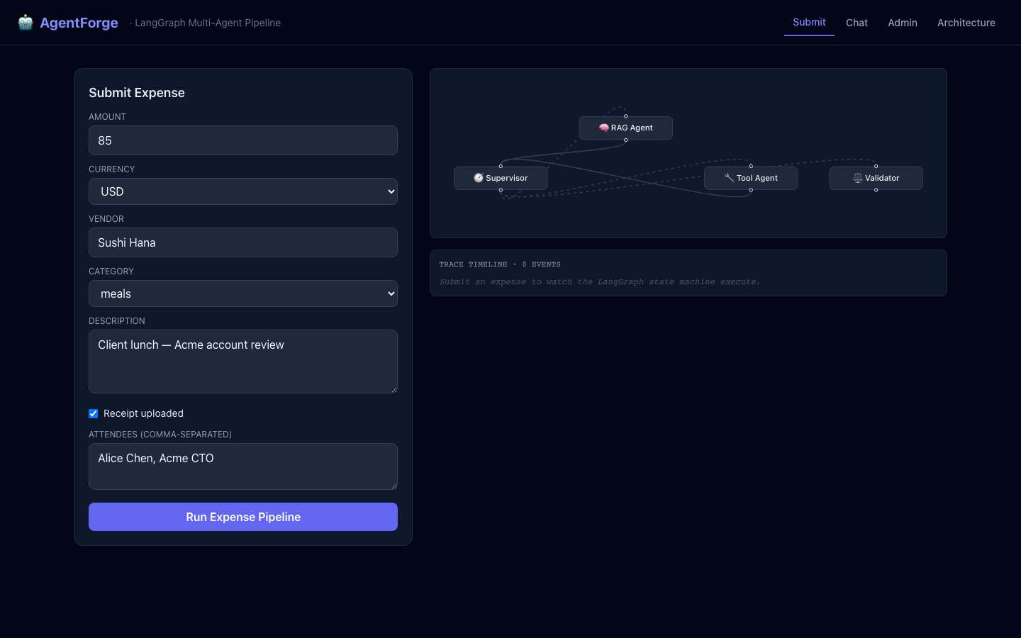 AgentForge — live demo screenshot