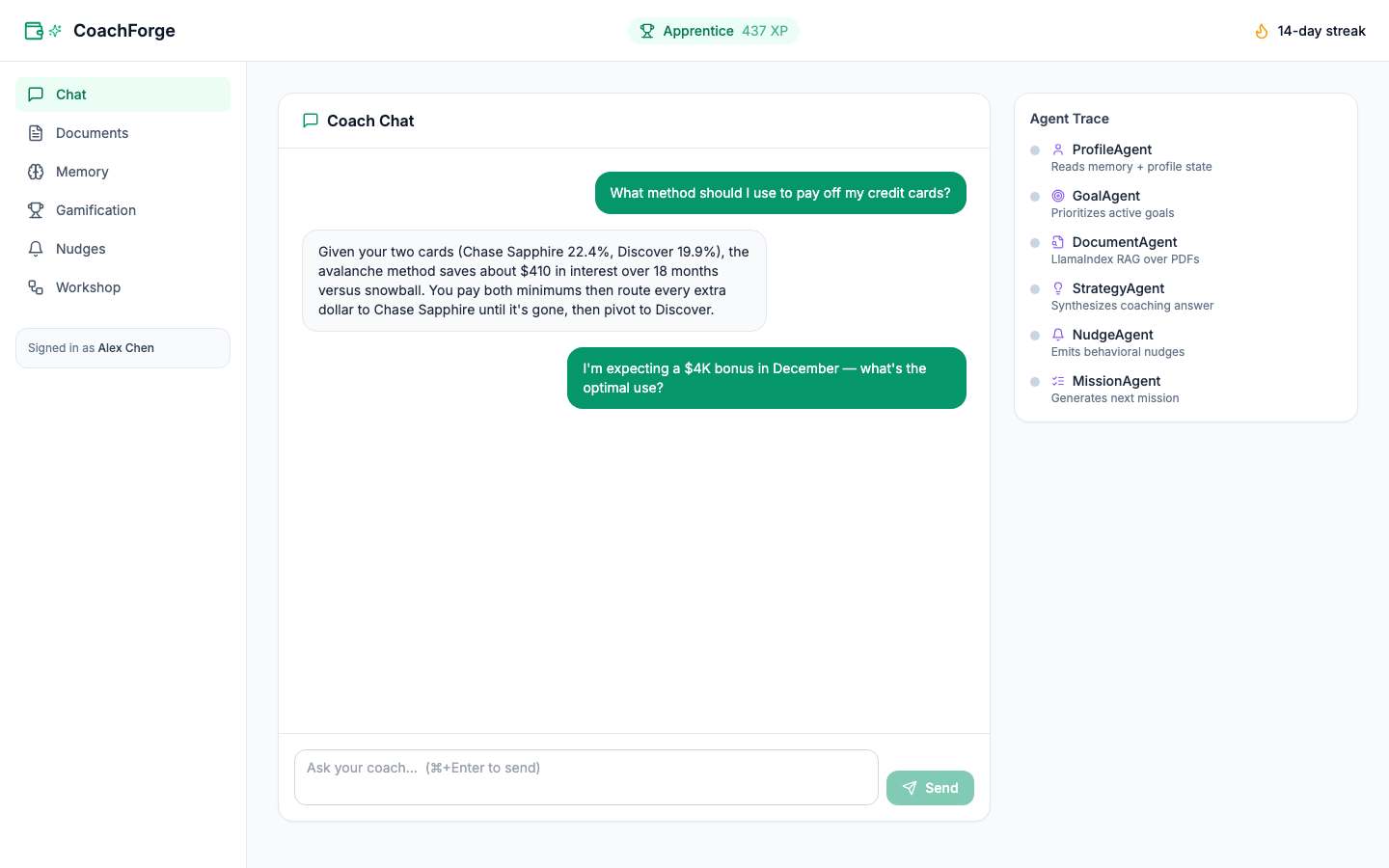 CoachForge — live demo screenshot