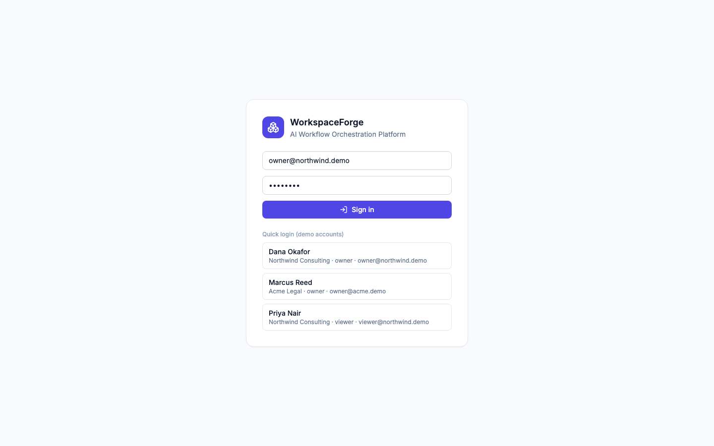 WorkspaceForge — live demo screenshot